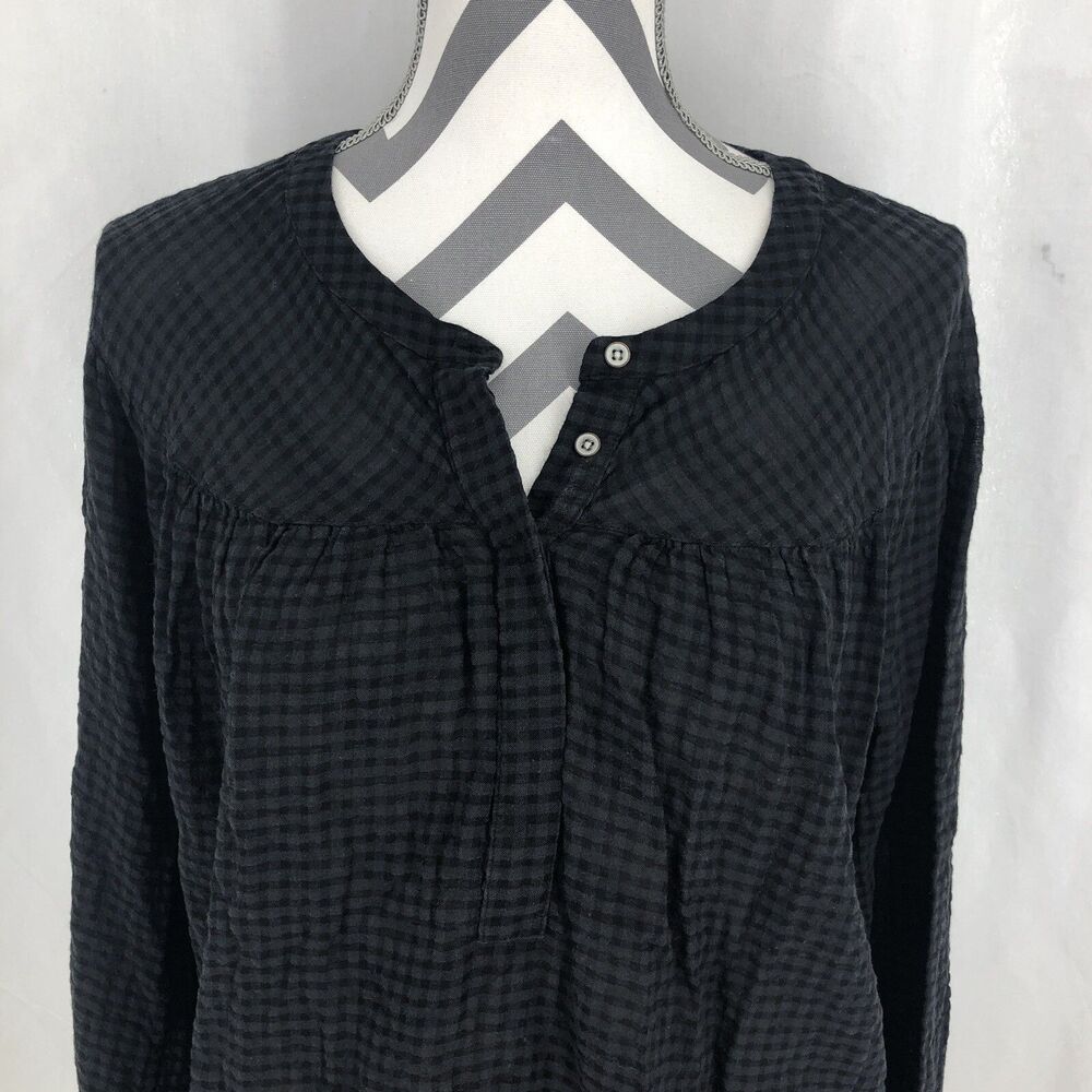 Loft Black Check Popover Henley Seersucker Long Sleeve Top Blouse 388748 Medium